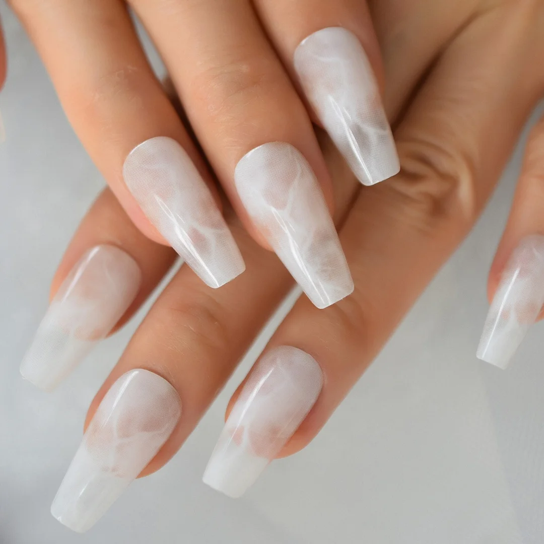 Long Medium Length Ballerina Press On Nails Cloud False Nails Stick On Milky White Fingernails Coffin Faux Ongles-Nail Inspo