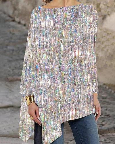 Fashion Sequin Glitter Prin Loose Hem Top