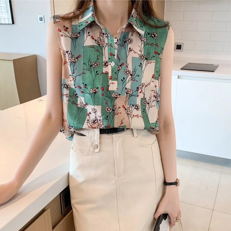 tlbang Womens Tops Floral Shirts and Blouses Women 2023 Summer Fashion Female Clothing OL Women's Blouse Sleeveless Thin Shirt