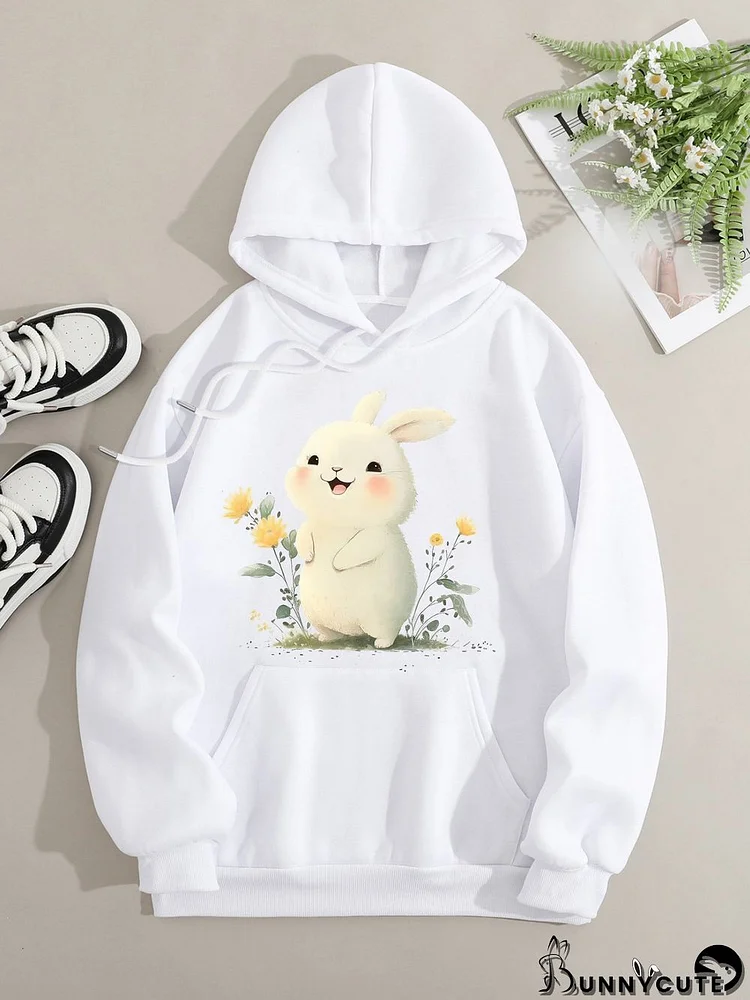 Printed on front Kangaroo Pocket Hoodie Long Sleeve for Women Pattern Rabbit and Flowers