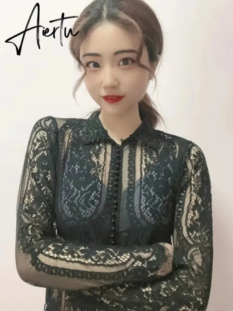 Aiertu Blusas Mujer De Moda Slim Women Shirt Elegant Pearl Blouse Lady Long Sleeve Turtleneck Lace Shirts Autumn Korean Sexy Hollow Top Aiertu