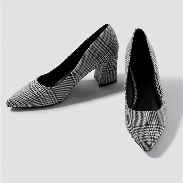 Grey Plaid Dress Shoes Almond Toe Block Heel Pumps |FSJ Shoes