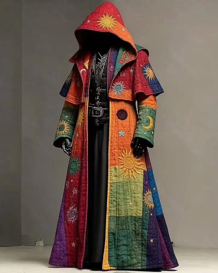Men's Music Festival-Themed Colorful Star and Moon Embroidered Hooded Cape 5305