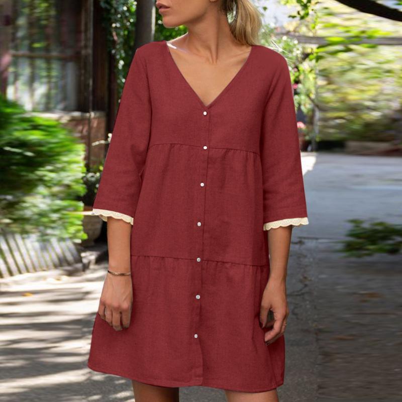 Mature Women Solid Color Casual Summer Stand Collar Plus Size Tunic Dress