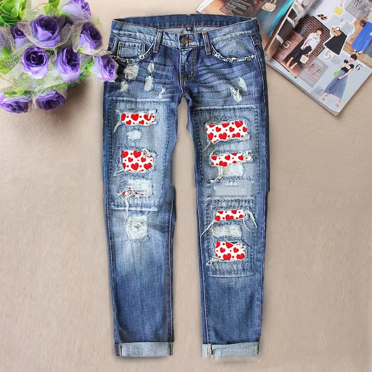 Casual Heart Print Patchwork Ripped Jeans
