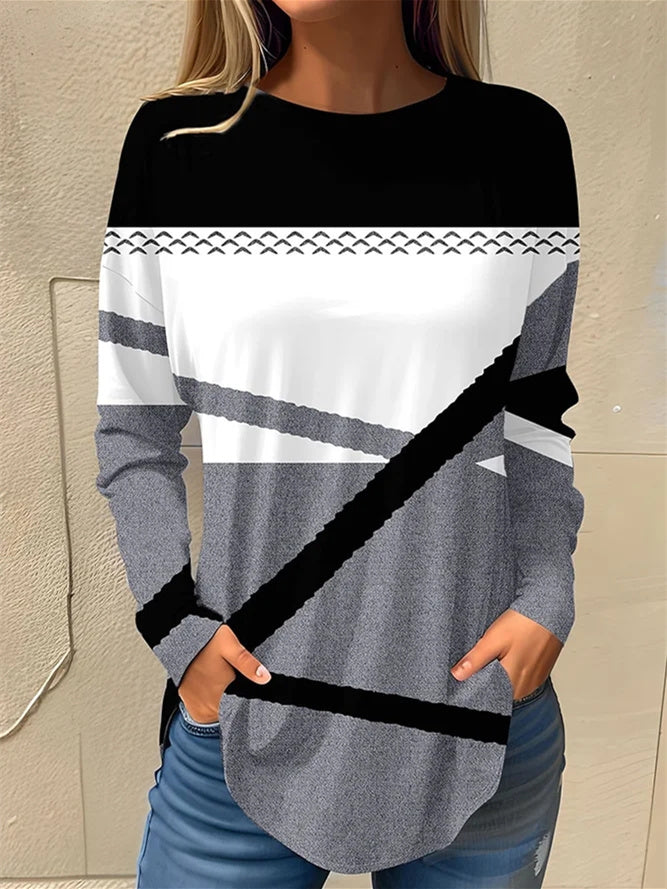 Women's Long Sleeve Scoop Neck Graphic Colorblock Top