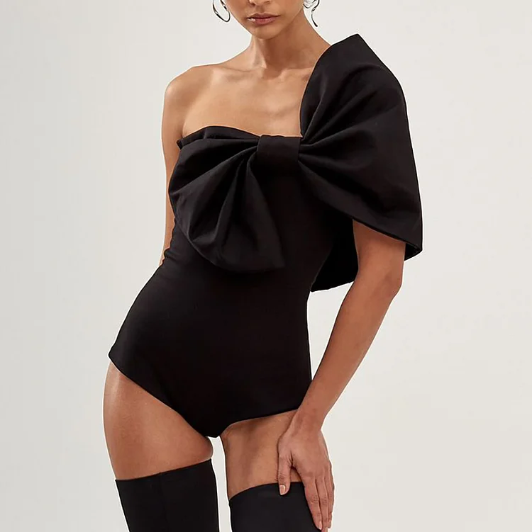 One Shoulder Bow Design Black One Piece Swimsuit and Skirt Flaxmaker