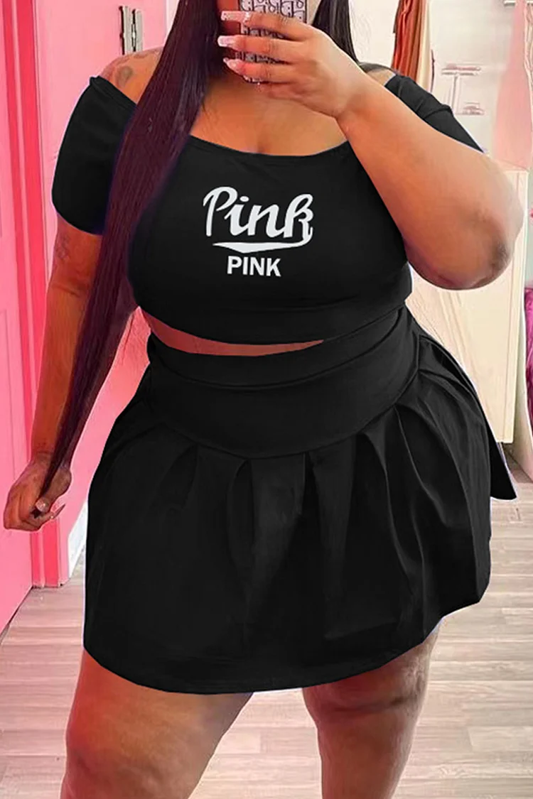 Black Fashion Casual Letter Print Basic O Neck Short Sleeve Two Pieces