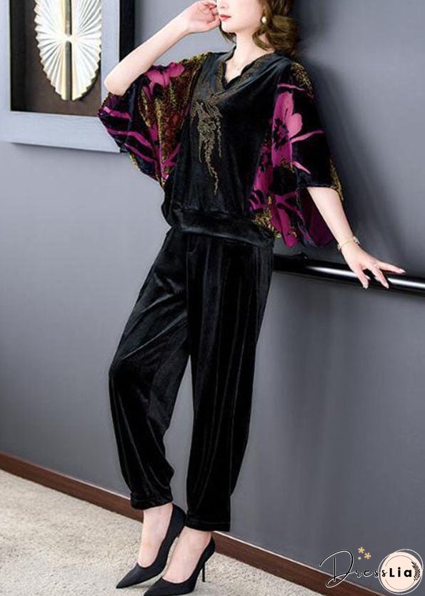 Rose Print Silk Velour Tops And Pants Two Pieces Set V Neck Batwing Sleeve