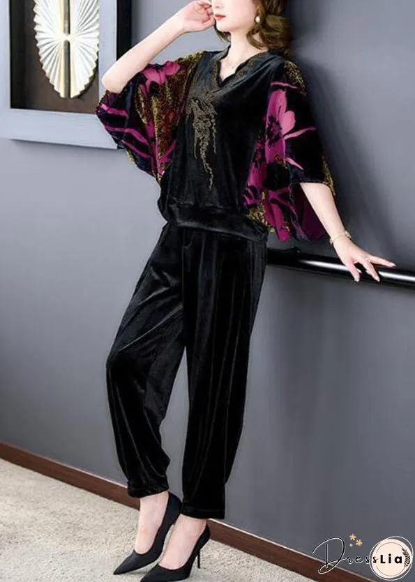 Rose Print Silk Velour Tops And Pants Two Pieces Set V Neck Batwing Sleeve