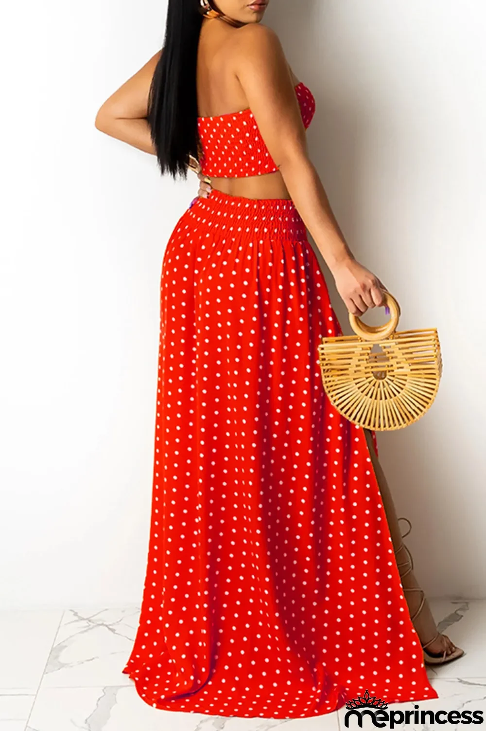 Blue Fashion Sexy Dot Print Backless Slit Strapless Sleeveless Two Pieces