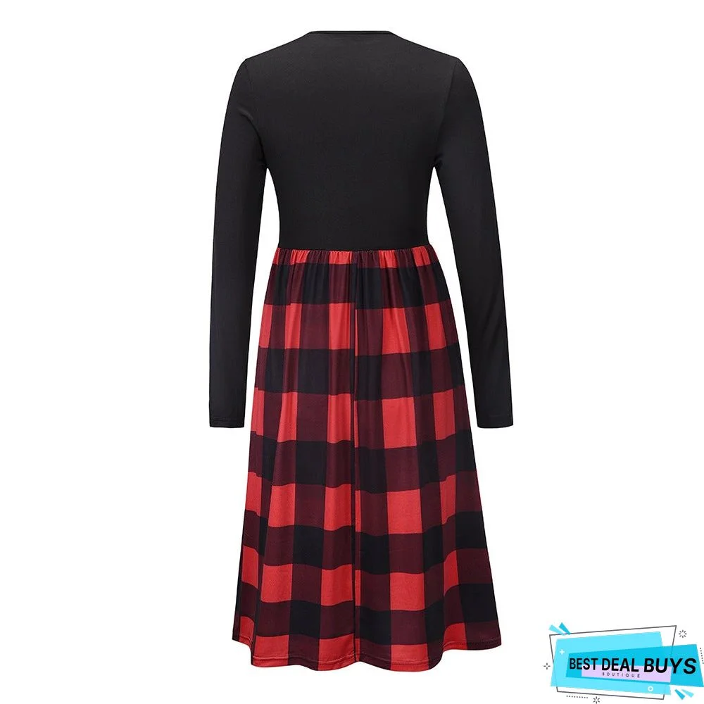 Leopard Stitched Long Sleeve Dress New Knitted Skirt In Autumn and Winter Black Dresses