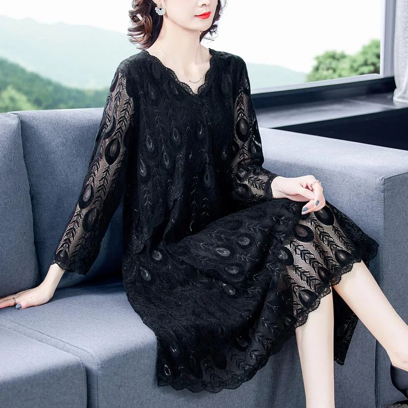 Women's new elegant three-quarter sleeve lace midi dress