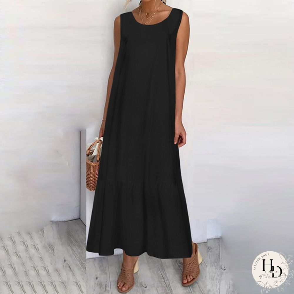 Sumemr Beach Holiday Sundress Women Sleeveless Ruffles Hem Long Dress Cotton Linen Casual Loose Pleated Kaftan Dress Plus Size