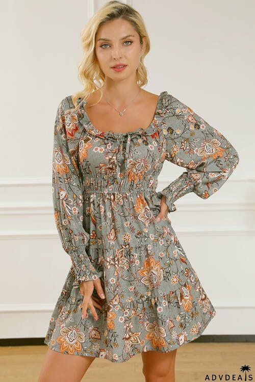 Printed Smocked Lantern Sleeve Tiered Dress