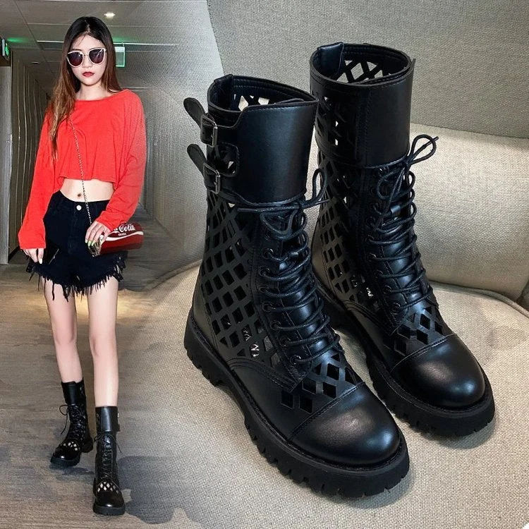 Hot Sales Genuine Leather Hollow Out Short Boots for Women Buckle Round Toe Thiick Heels Pumps Ladies Retro Party Shoe