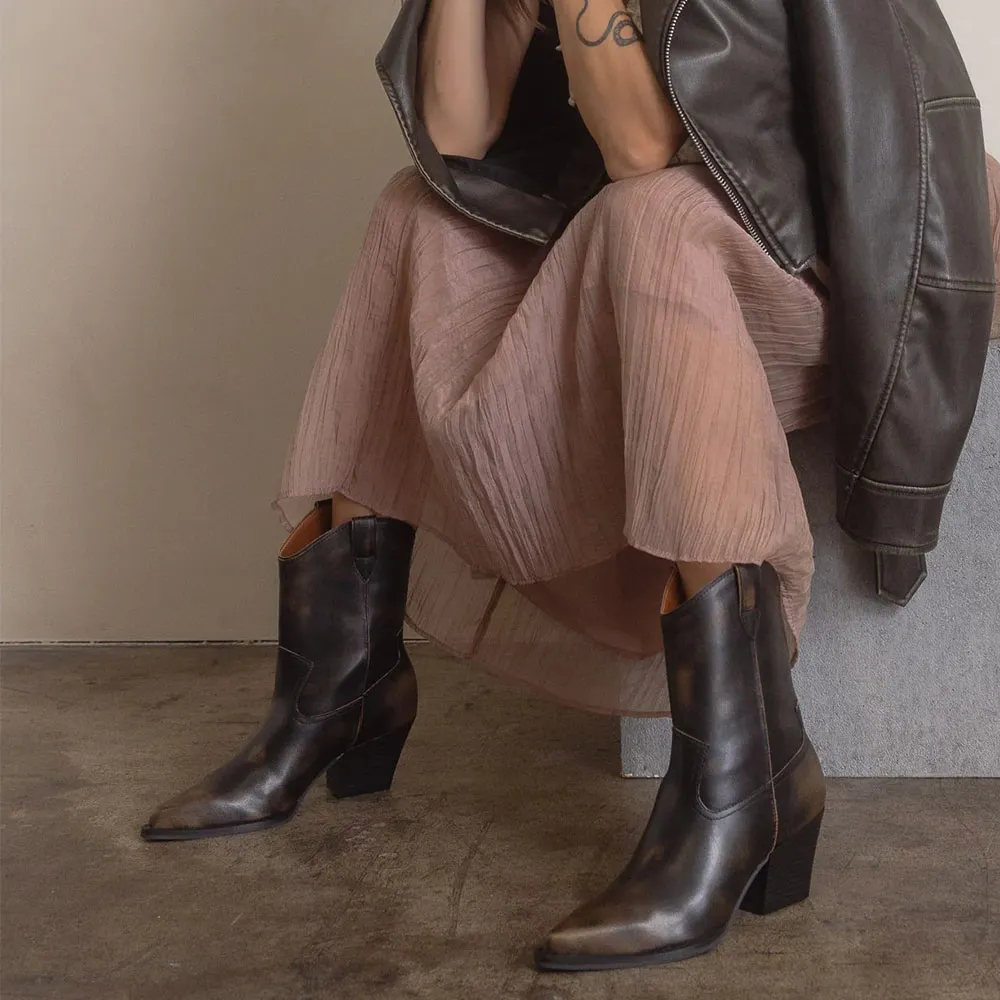 Distressed Brown Slip On Heeled Pointed Toe Western Ankle Boots