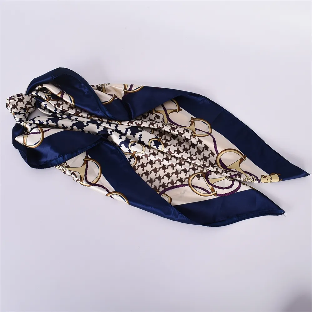 90cm*90cm Satin Big Houndstooth Printed Square Scarfs Navy-vocosishoes