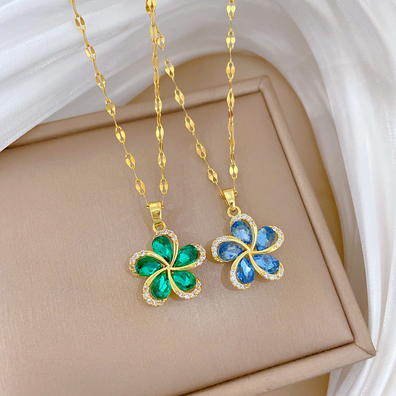 Rotating Flower Full Diamond Fashion Gorgeous Full Diamond Necklace Female Versatile Clavicle Chain Titanium Steel