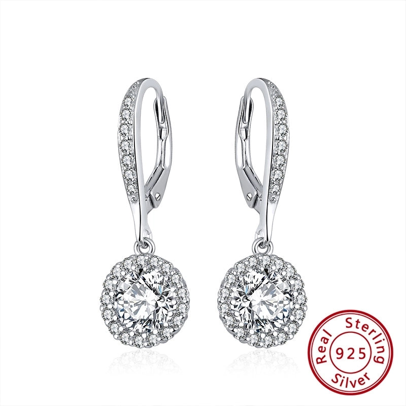 1 Pair 925 Sterling Silver Zircon Round Drop Earrings
