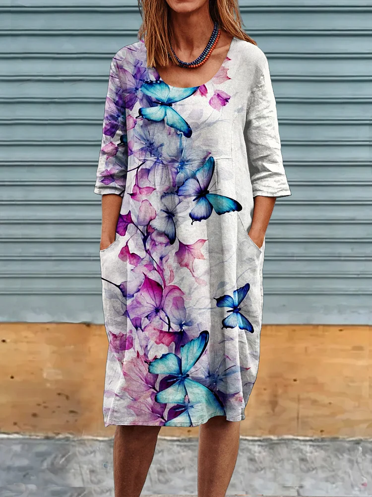 Women's Butterfly Art Print  Linen Pocket Tunic Casual  Dress socialshop