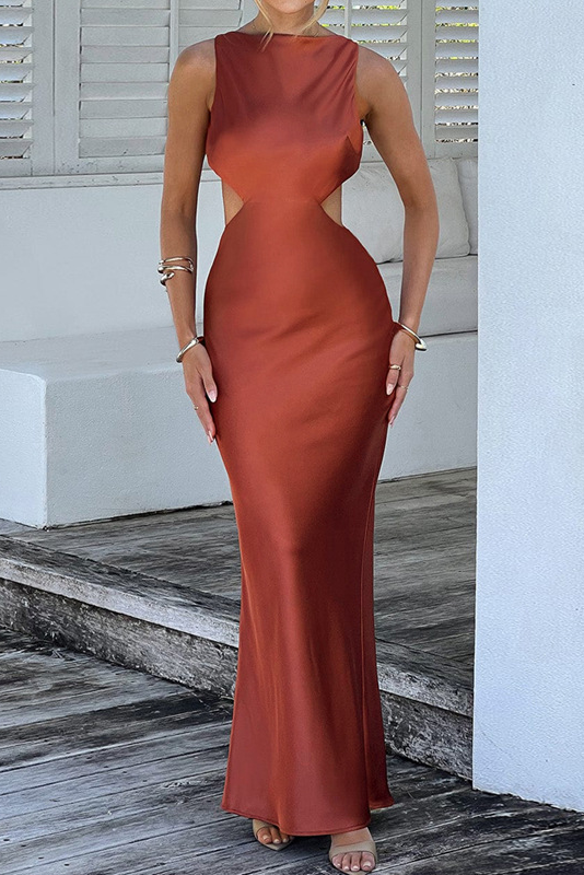 Solid Color Backless Slim Fit Satin Maxi Tank Dresses-Brown