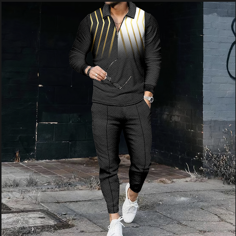 Men's Colorblock Gradient Polo Shirt And Pants Two Piece Set