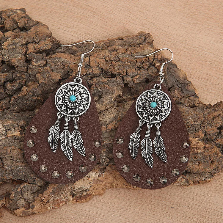 Vintage Ethnic Leather Diamond Earrings