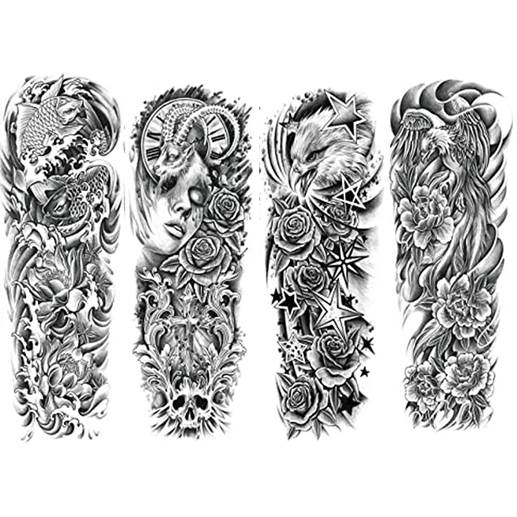 4pcs Removable Tattoos Fish Bird Disposable for Body Full Arm (170x480mm)