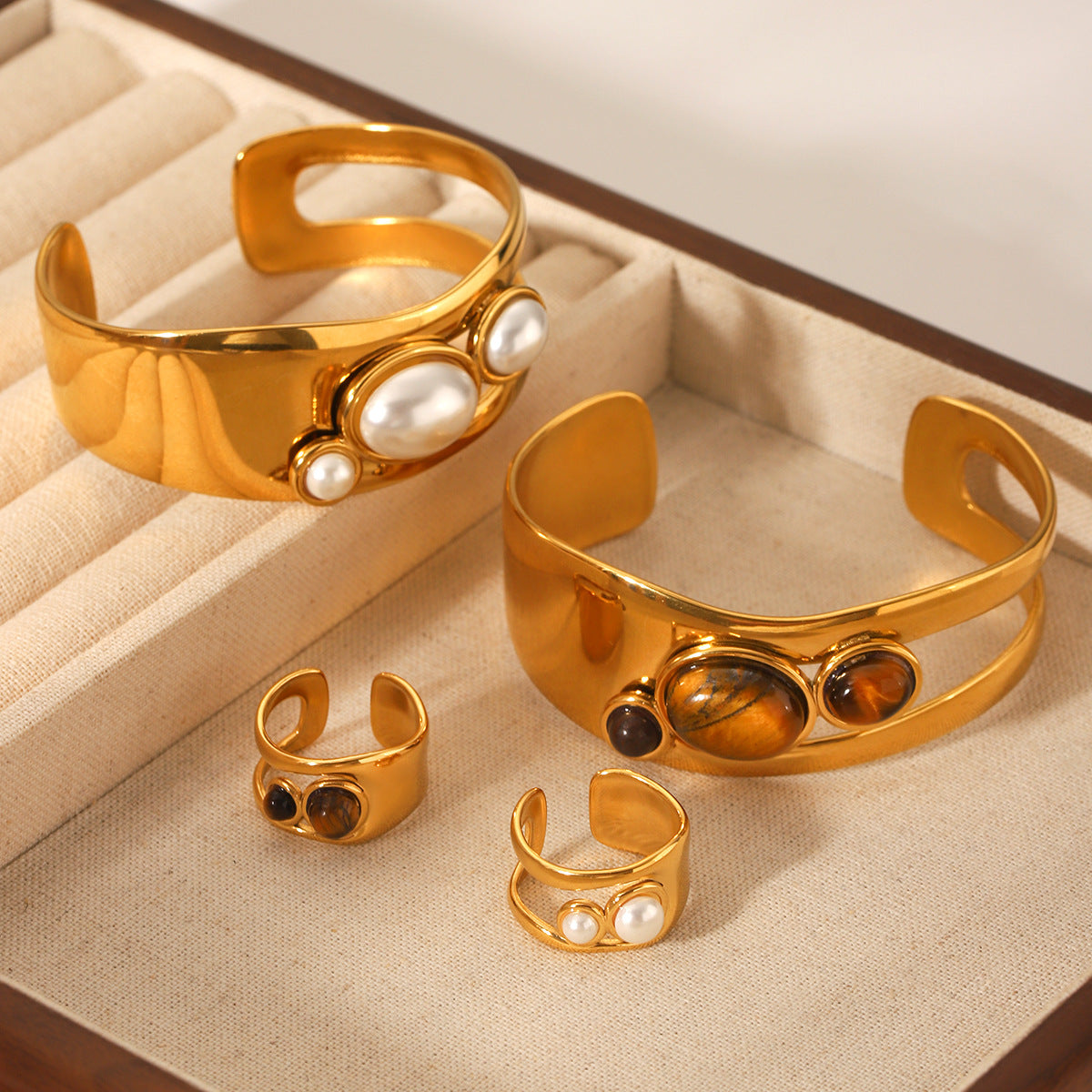 Stainless Steel Hollow Pearl Bracelet Natural Tiger Eye Stone Open Bracelet Retro Titanium Steel Jewelry