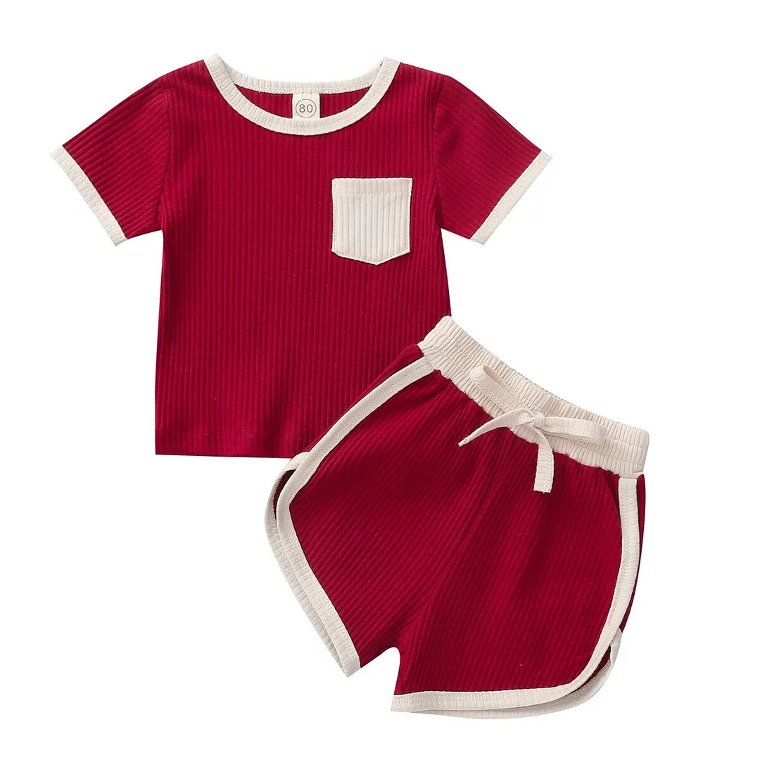 2021 Baby Summer Clothing Kids Baby 2-piece Ribed Outfit Set Short Sleeve Pocket Top+Shorts Set for Children Boys Girls