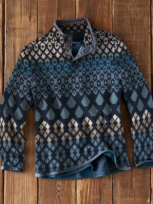 Men's Waffle Collar Printed Long Sleeve T-Shirt
