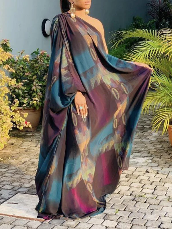 Asymmetric Printed Batwing Sleeves One-Shoulder Maxi Dresses