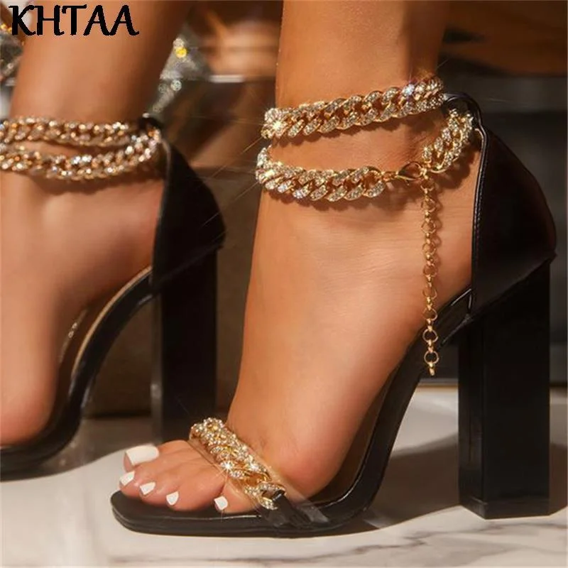 Women Sandals Crystal Chain High Heels Female Shoes Woman Square Heel Open Toe Buckle Strap Ladies Footwear 2022 New Fashion 1109-1