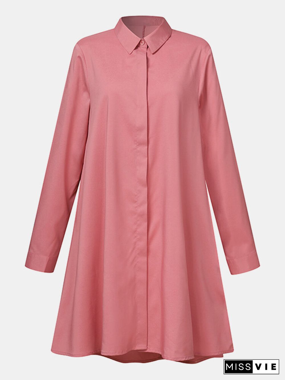 Women Solid Color Button Lapel Long Sleeve Casual Blouse