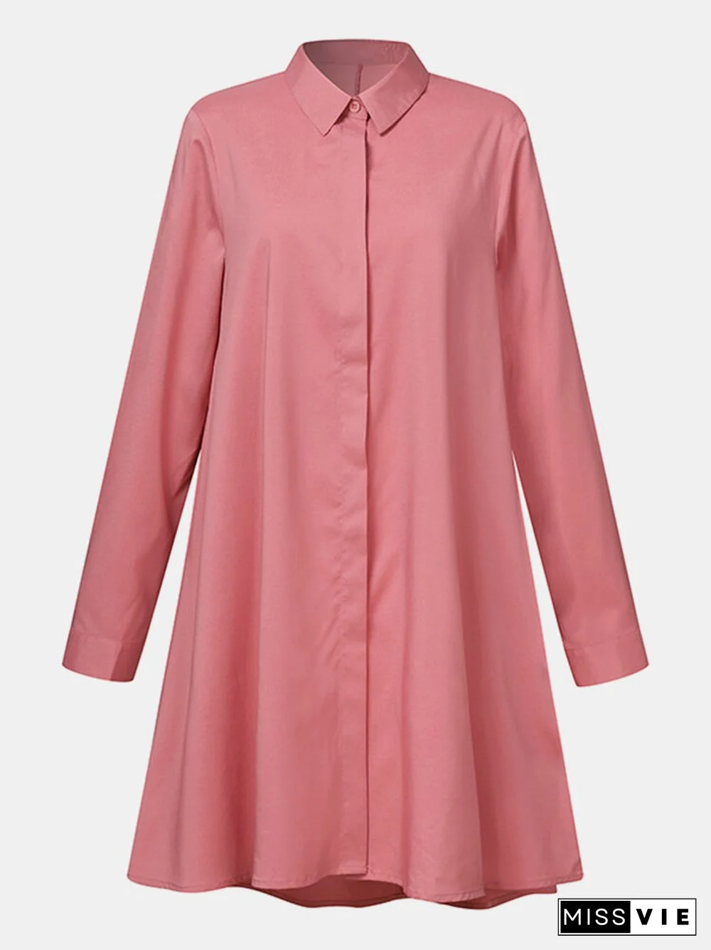 Women Solid Color Button Lapel Long Sleeve Casual Blouse