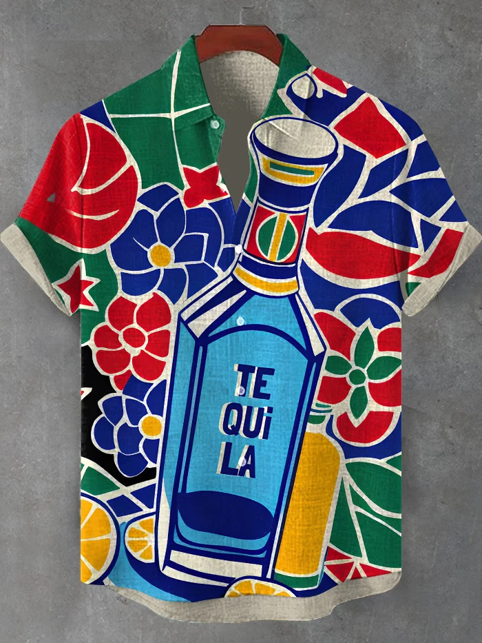 Men's Tequila Colorblock Geometric Floral Art Print Shirt