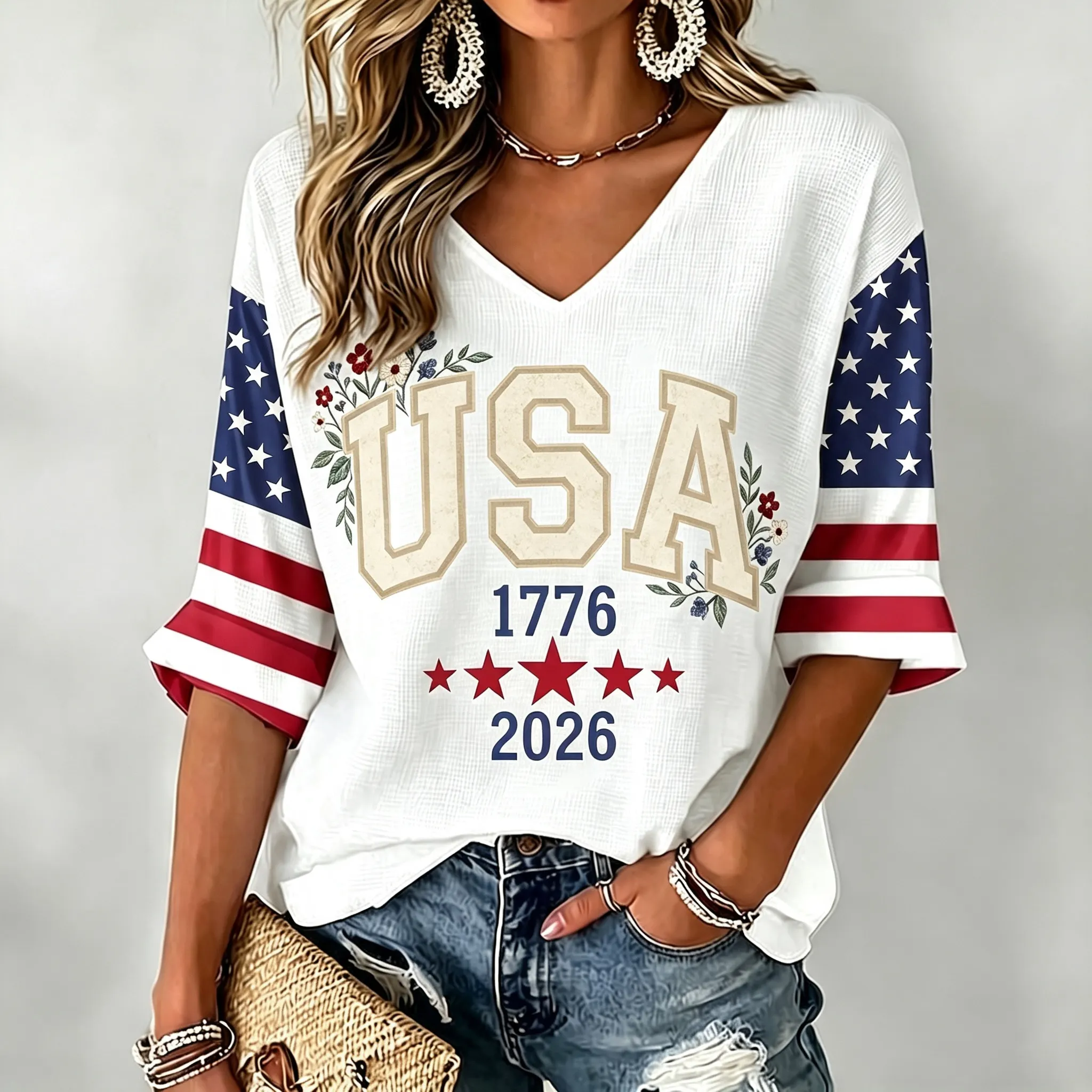  Women's Independence Day Art Three-quarter Sleeve V Neck Linen Tops Westsshops