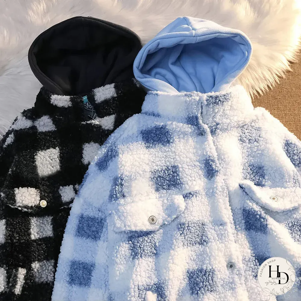 Neutral Check Plush Hooded Jacket