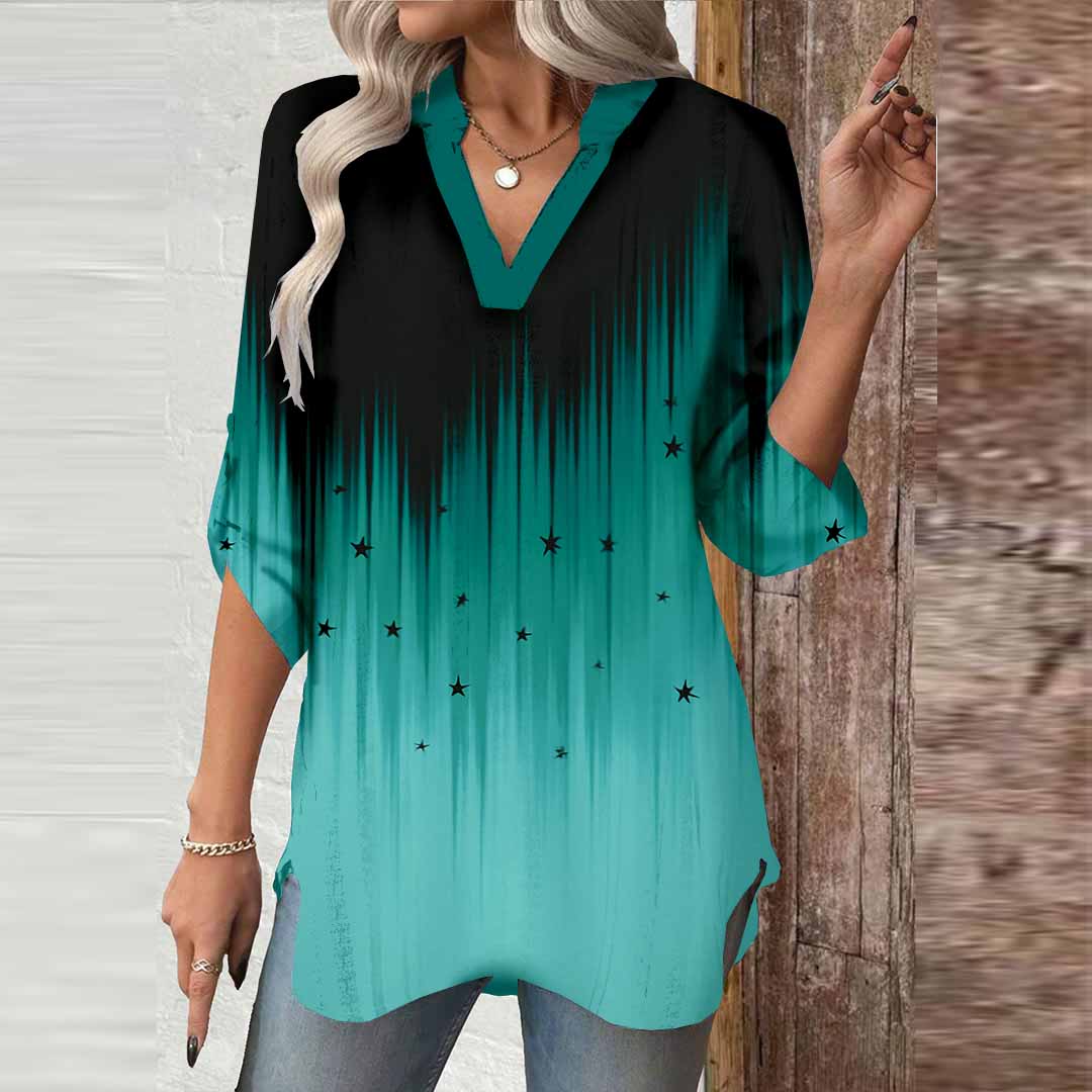 Women Green, Gradient DZGA0065 3/4 Sleeve V-neck Printed Graphic Button Tops