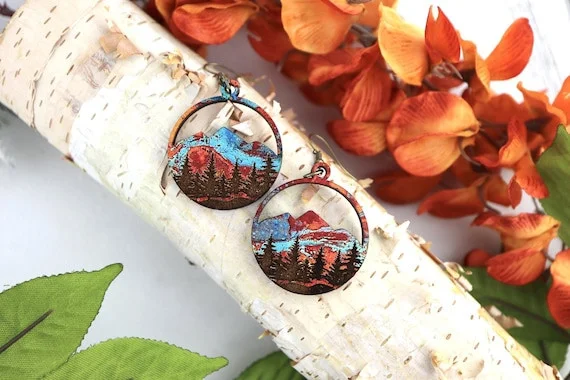 Copper Mountain Wood Earrings Engraved