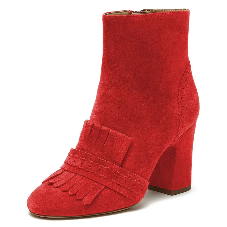 Red Vegan Suede Fringe Chunky Heel Boots |FSJ Shoes
