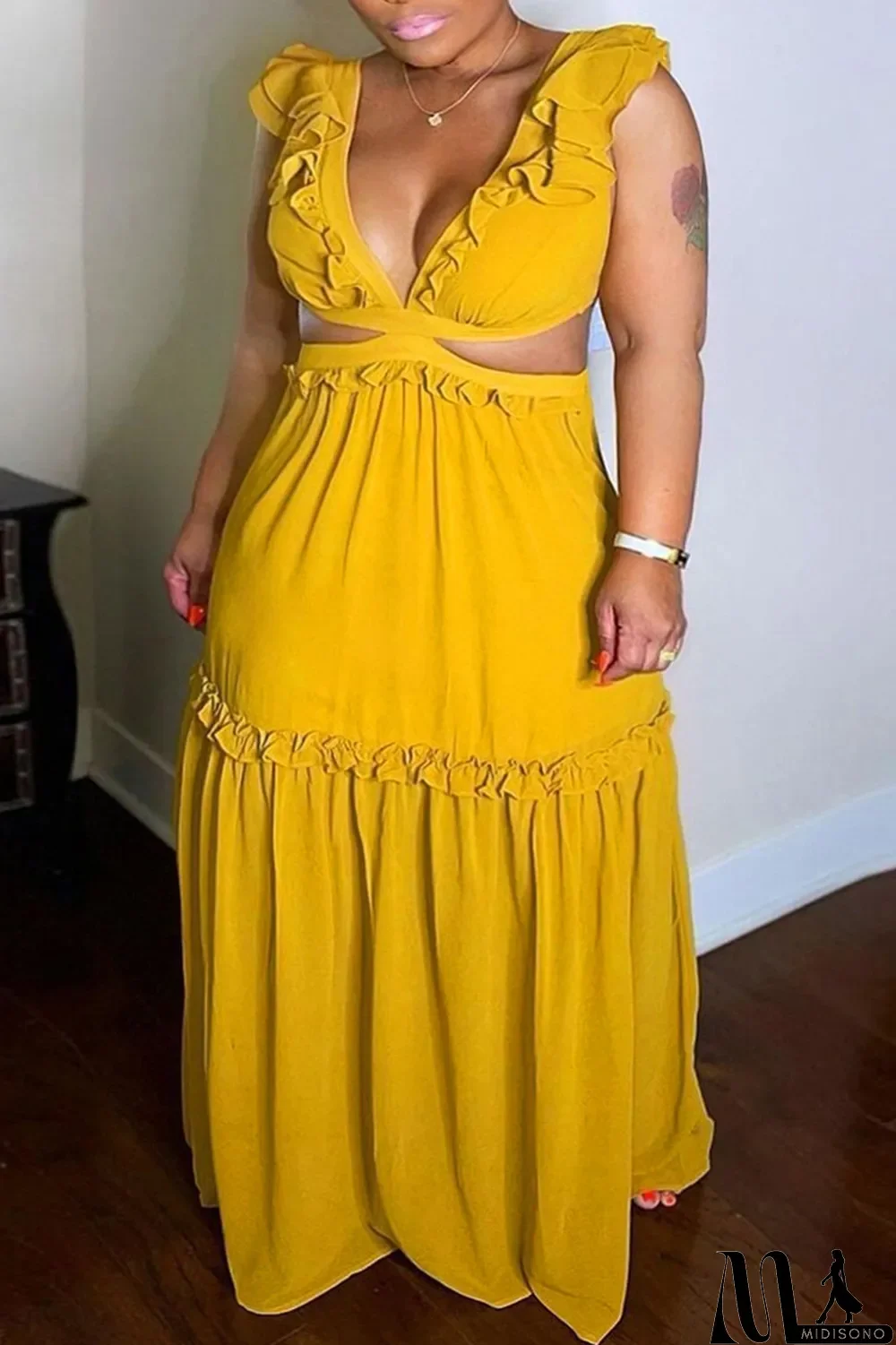 MidiSono - Yellow Fashion Sexy Plus Size Solid Patchwork Backless Strap Design V Neck Sleeveless Dress