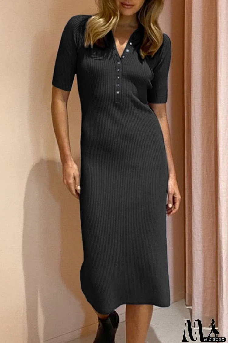 Elegant Solid Buckle Turndown Collar One Step Skirt Dresses