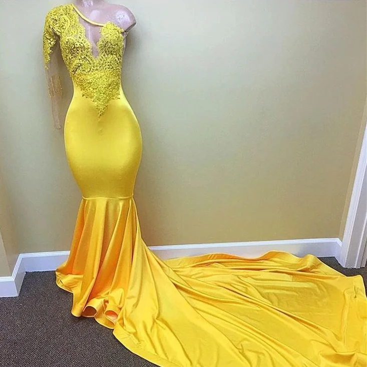 Yellow One Shoulder Long Sleeve Mermaid Prom Dress With Applique PD0625