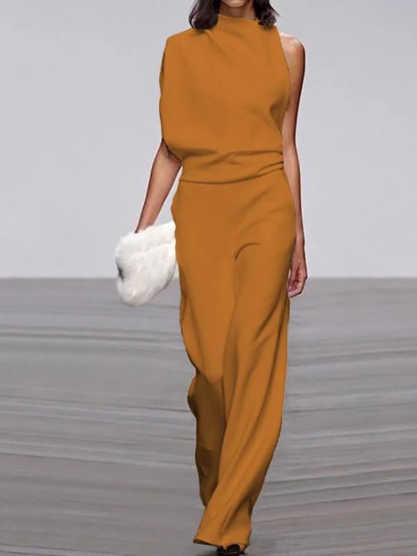 Solid color one-shoulder pile collar jumpsuit