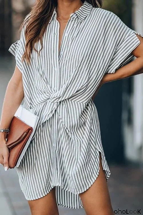 Knot Stripe Shirt Mini Dress