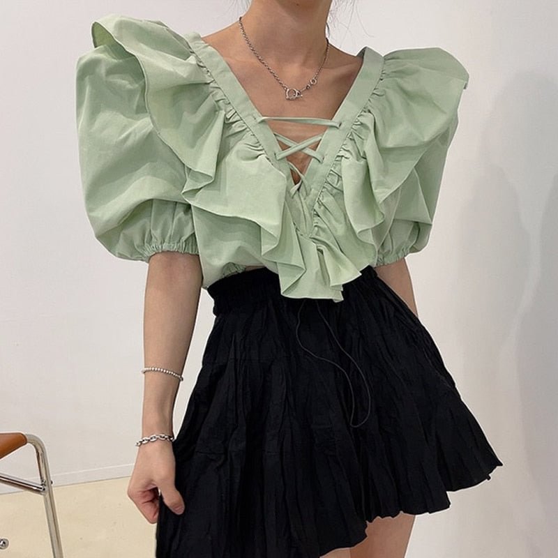 2021 Casual Loose V Neck Sexy Blouses Women French Ruffles Women Tops Solid Lace Up Clothing Lantern Sleeve Female Shirts 15176
