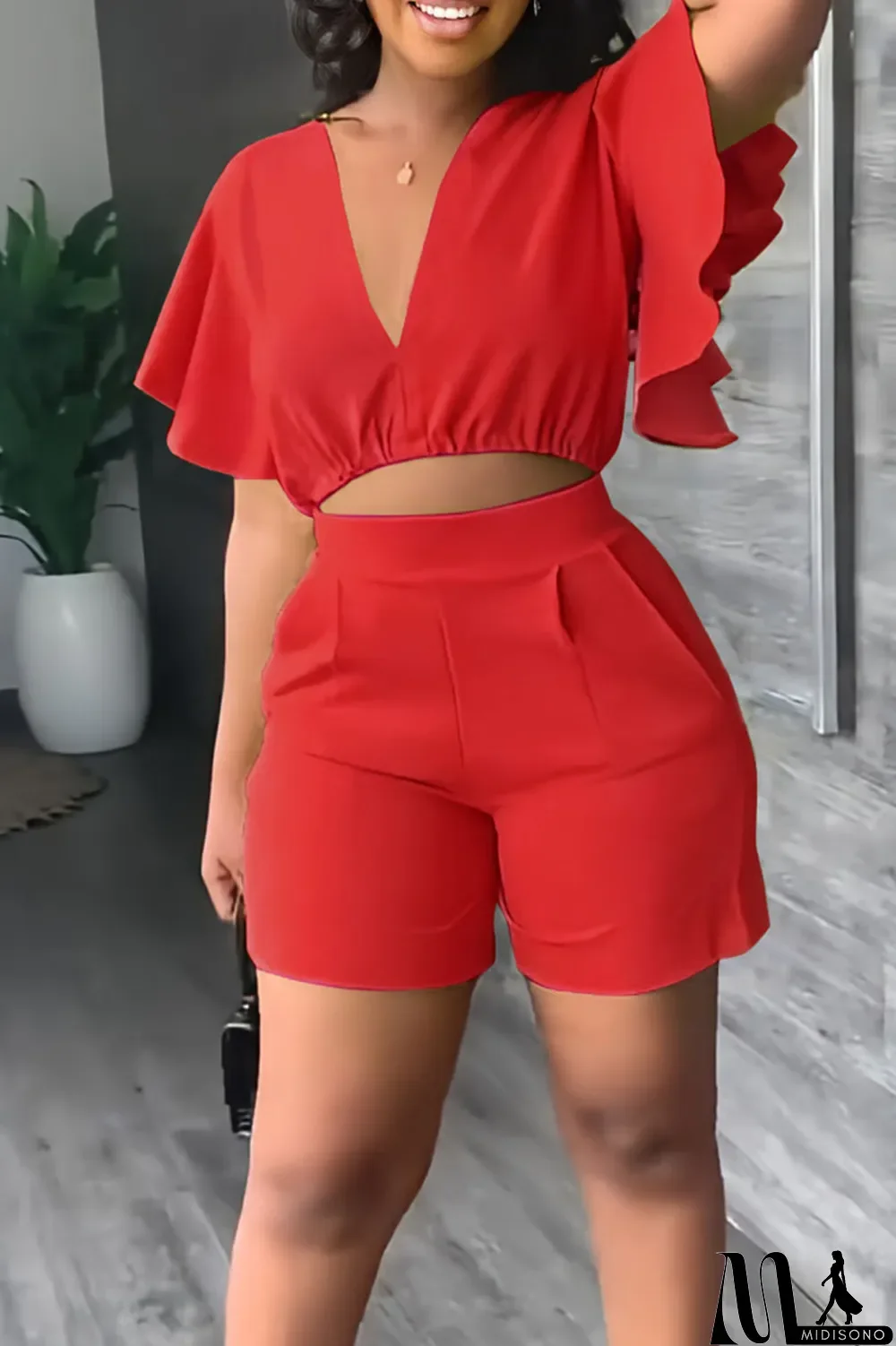 MidiSono - Yellow Casual Solid Patchwork Flounce V Neck Short Sleeve Two Pieces