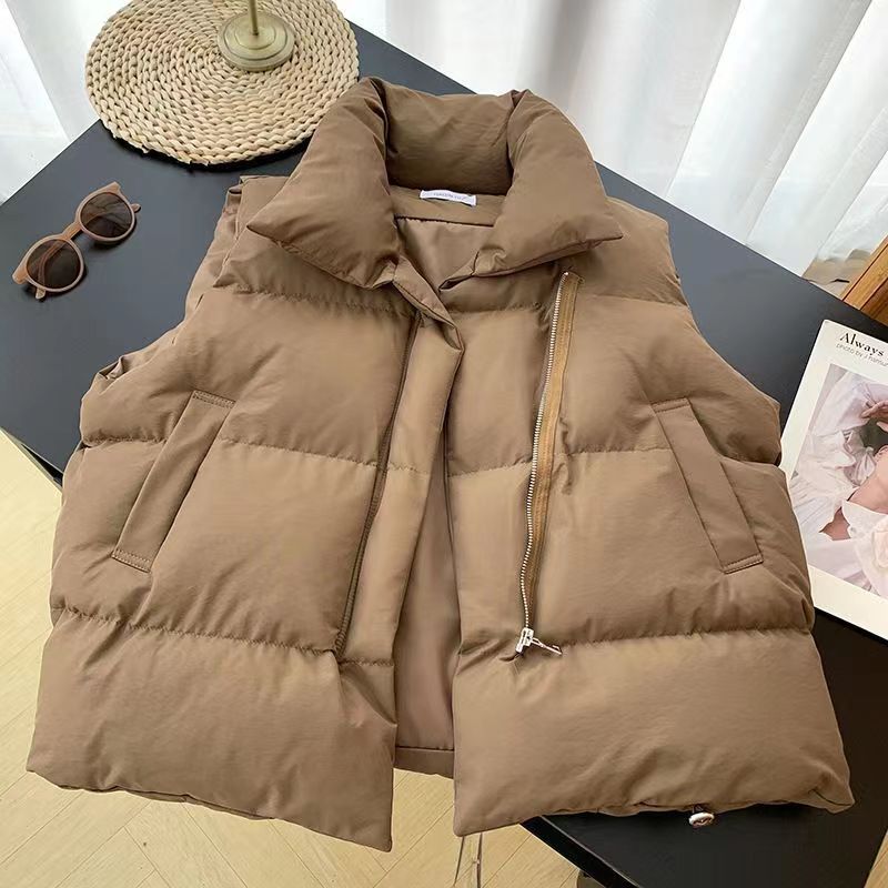 Women Sleeveless Stand-up Collar Solid Color Puffer Vest Coats